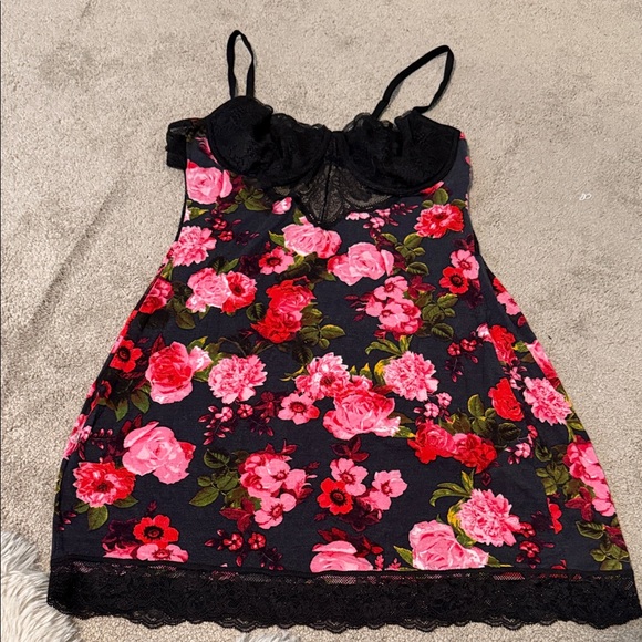 Victoria's Secret Other - Victoria's Secret Black Chemise with Pink and Red Floral Design